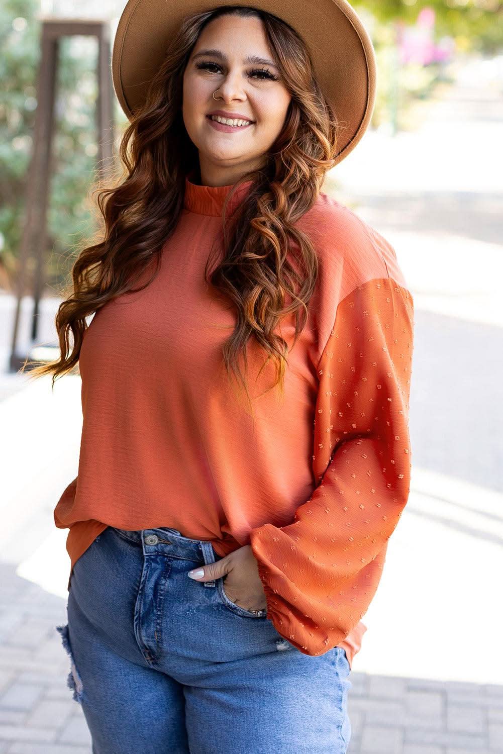 Russet Orange Swiss Dot Balloon Sleeve Loose Blouse - Love Salve